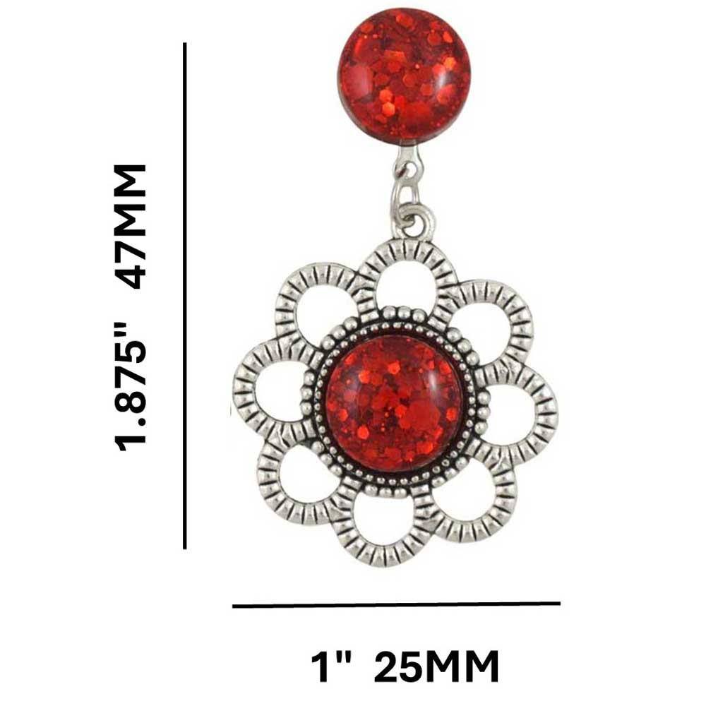 Pair of earrings with glittery red resin and silver floral daisy with measurements - Lilylin Designs