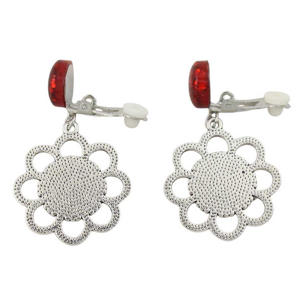 Back view of pair of clip on earrings with glittery red resin and silver floral daisy on a white background - Lilylin Designs