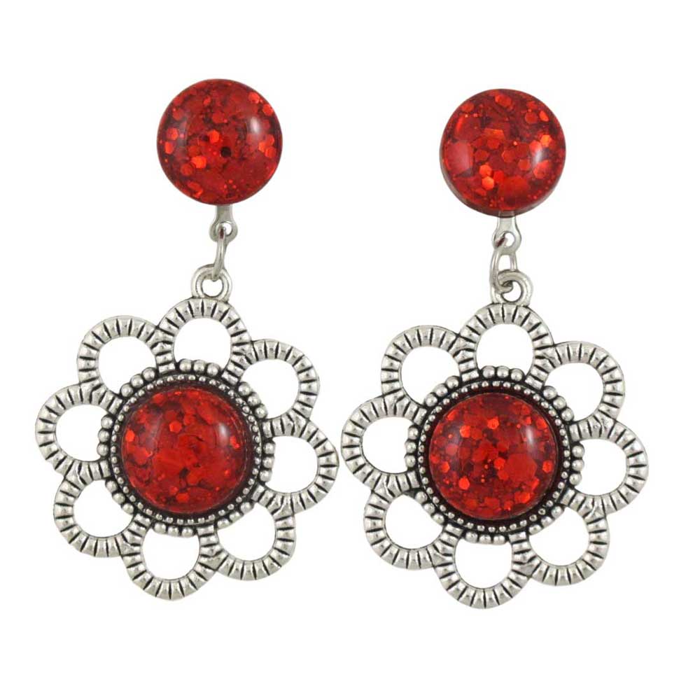 Pair of earrings with glittery red resin and silver floral daisy on a white background - Lilylin Designs