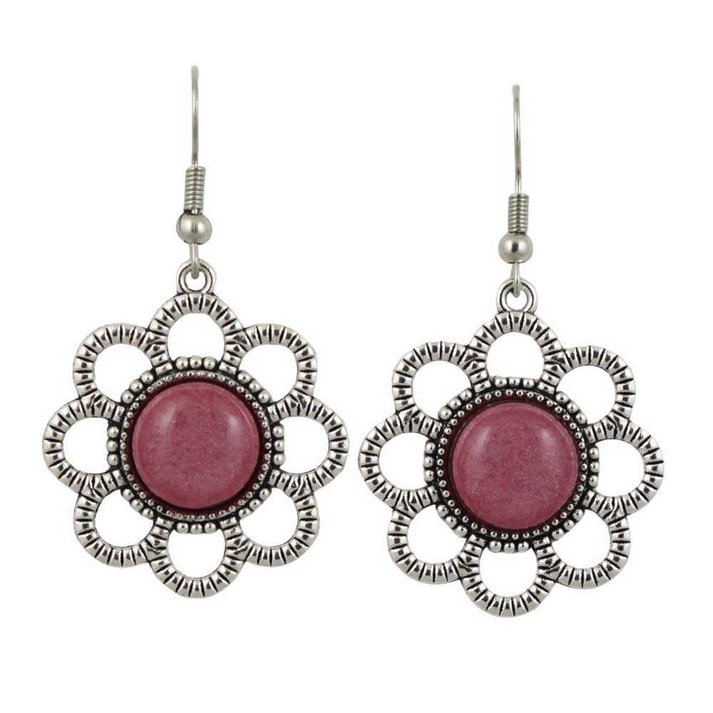Pair of earrings with pink circular stones and silver floral daisy on a white background - Lilylin Designs