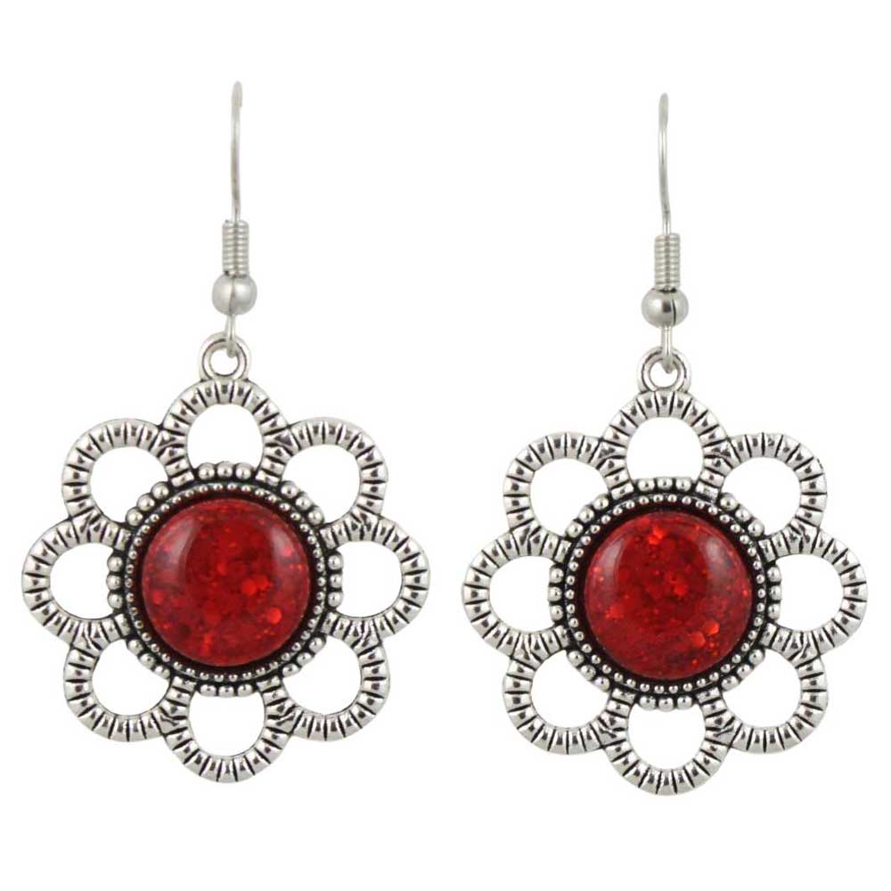Pair of earrings with red circular stones and silver floral daisy on a white background - Lilylin Designs