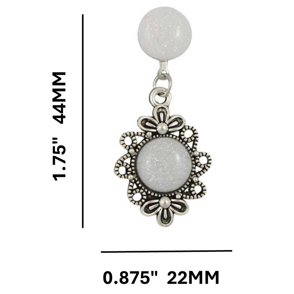Pair of earrings with white round stones and silver floral designs with measurements - Lilylin Designs