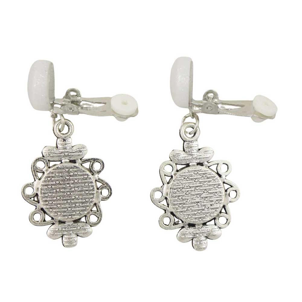 Back view of Pair of earrings with white round stones and silver floral designs on a white background - Lilylin Designs