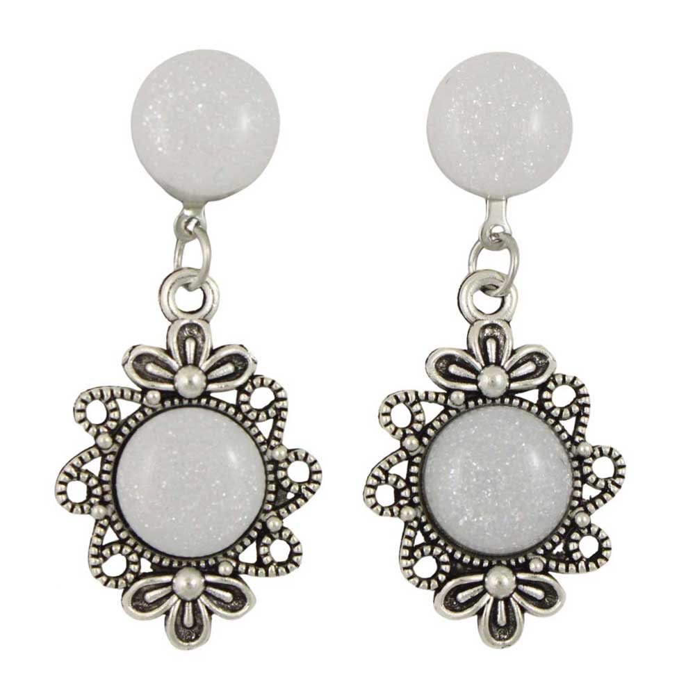 Pair of earrings with white round stones and silver floral designs on a white background - Lilylin Designs