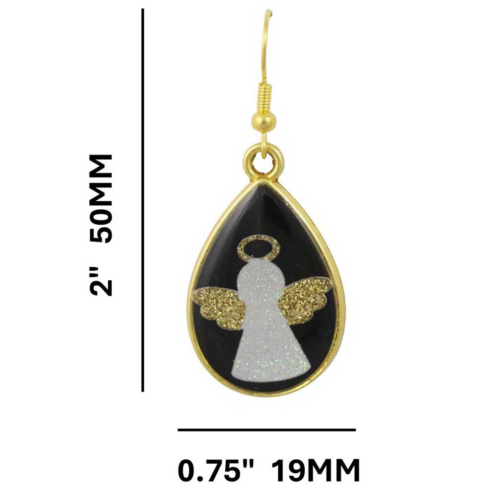 Teardrop-shaped earring with angel design on a white background with measurements - Lilylin Designs