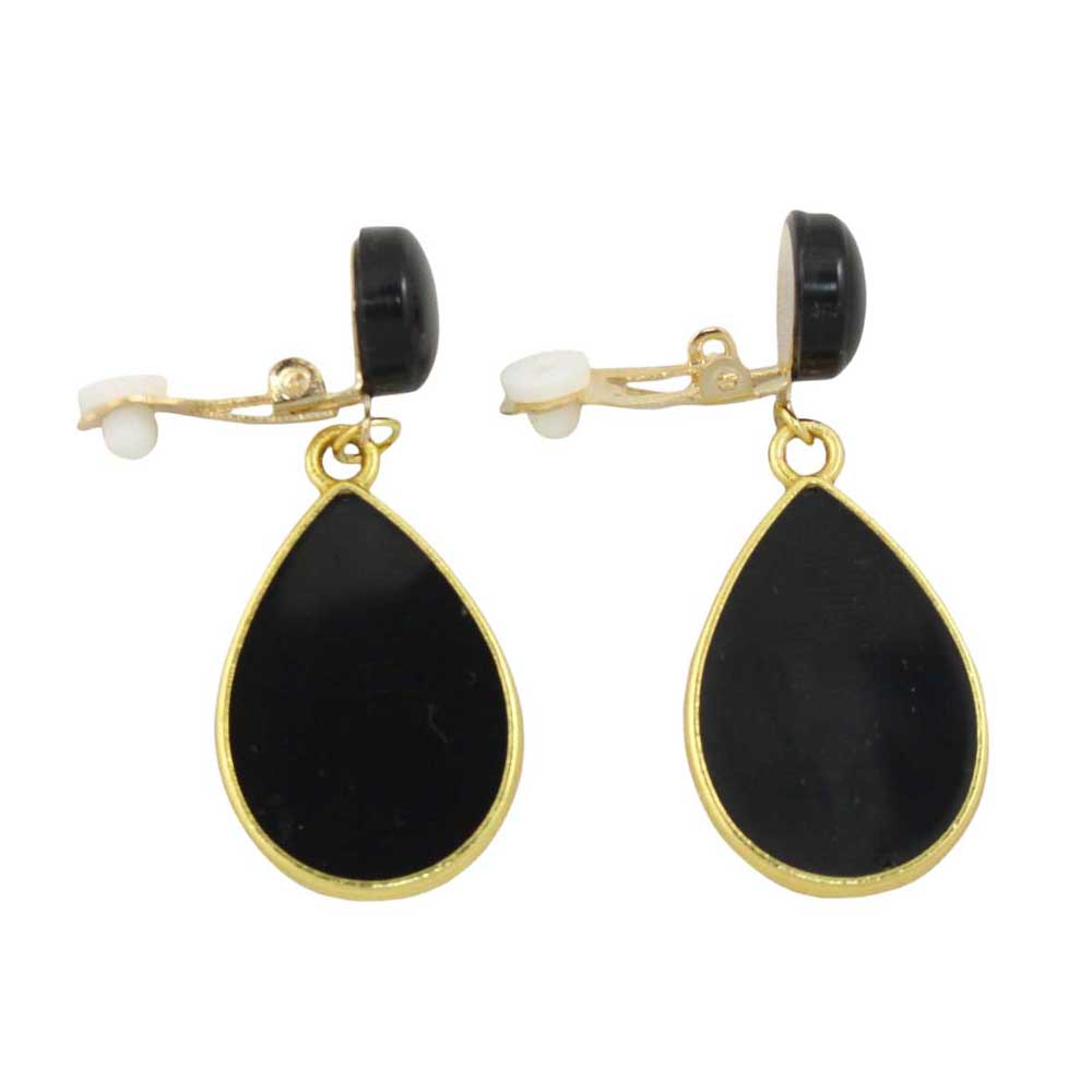 Black teardrop clip earrings with gold frames on a white background - Lilylin Designs