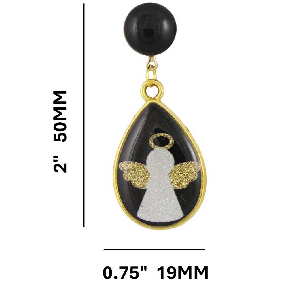 Black and gold angel clip earrings on a white background with measurements - Lilylin Designs