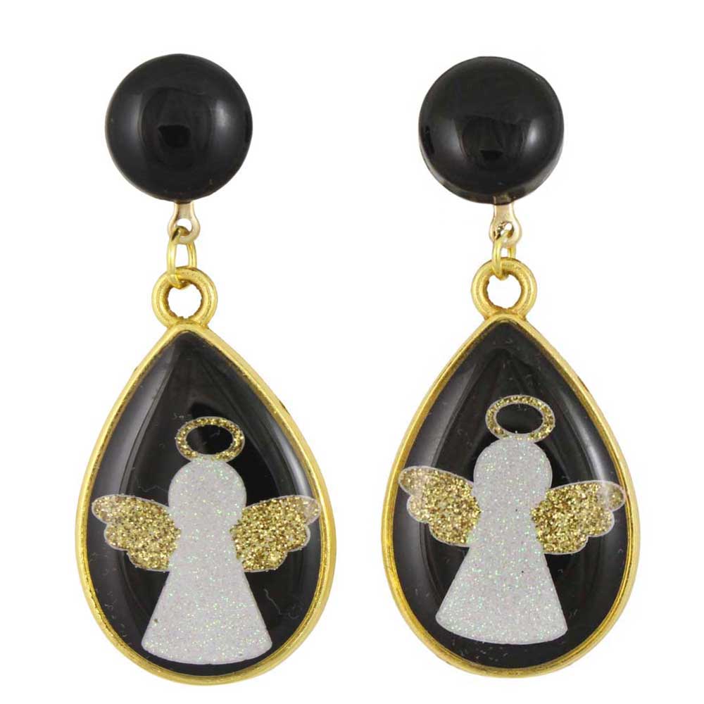 Black and gold angel clip earrings on a white background - Lilylin Designs