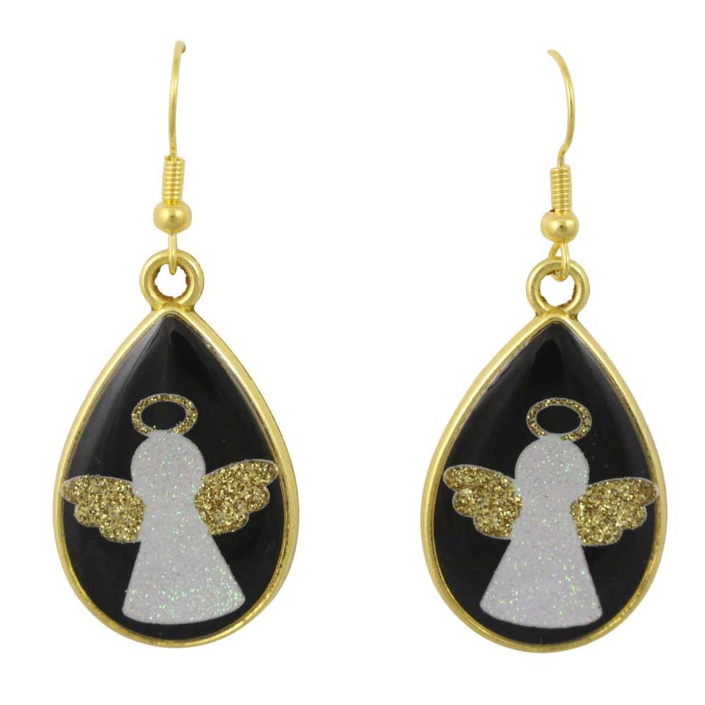 Teardrop-shaped earrings with angel designs on a black background - Lilylin Designs