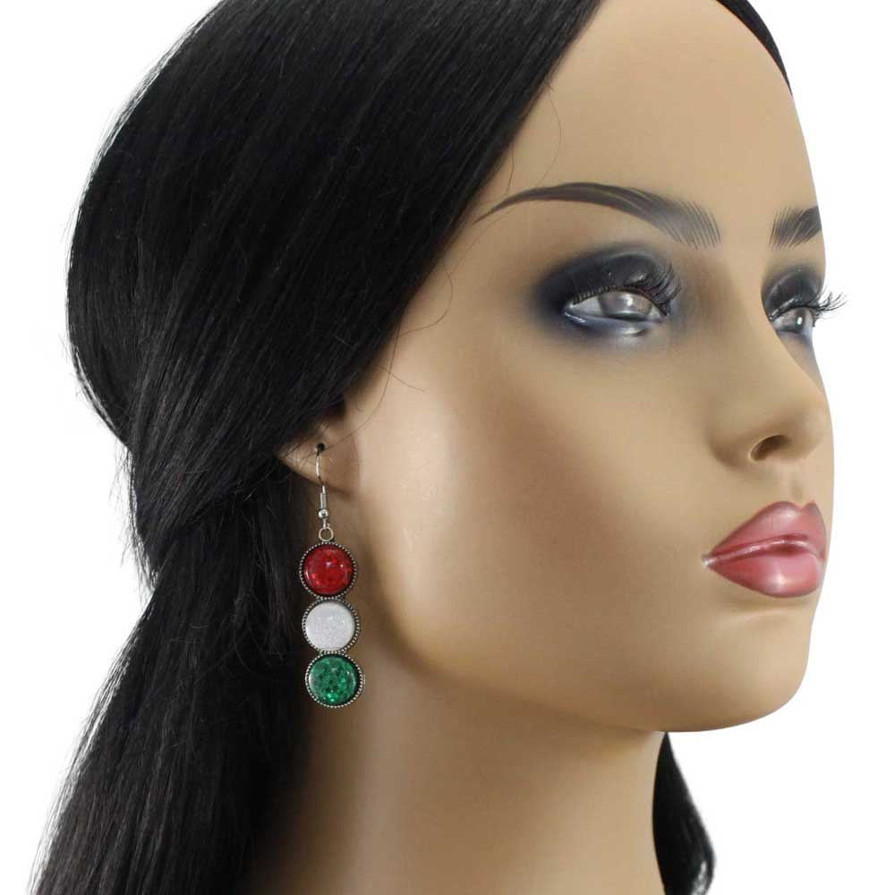 Model wearing red white and green disc earrings - Lilylin Designs
