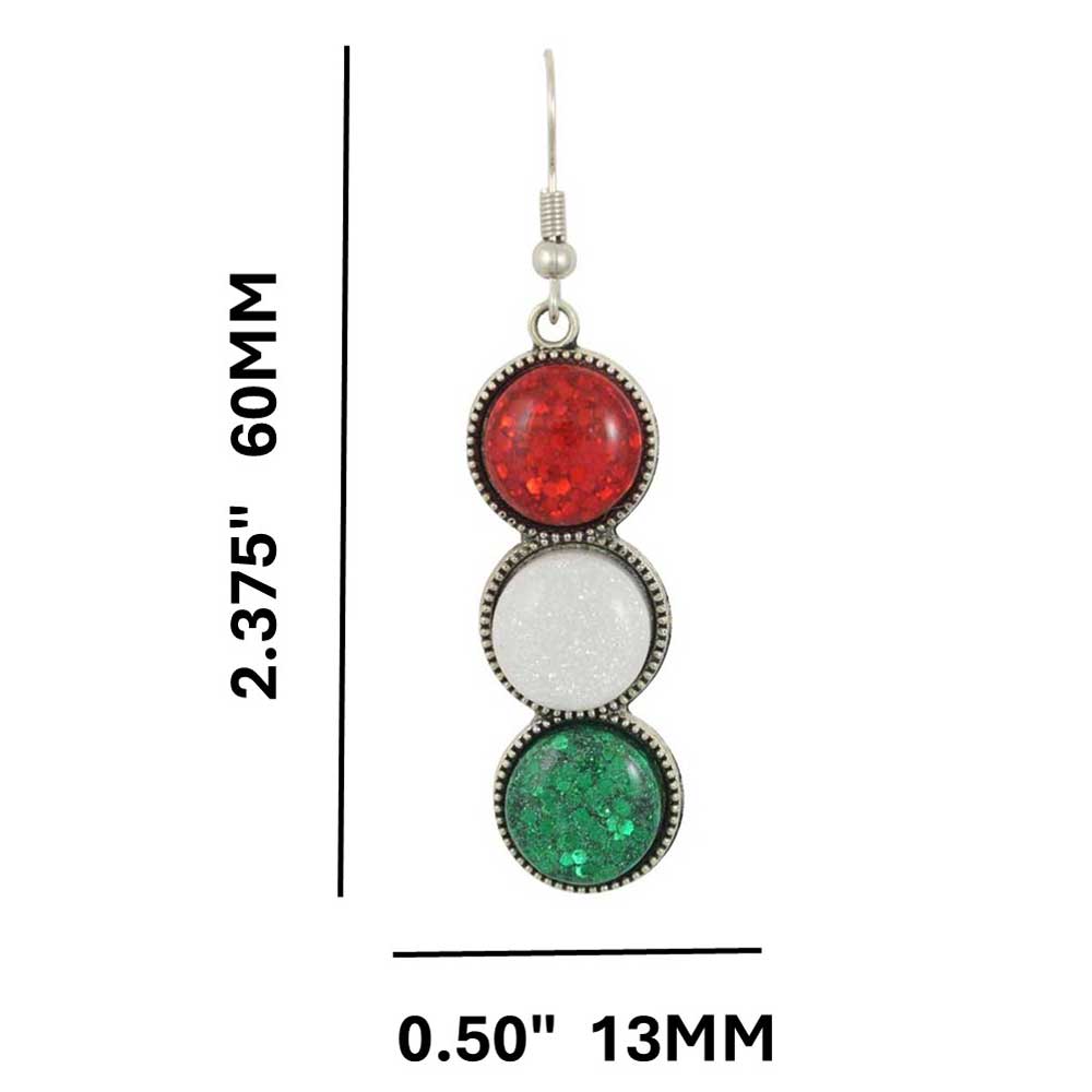 Pair of Christmas earrings with red, white, and green circular stones with measurements - Lilylin Designs