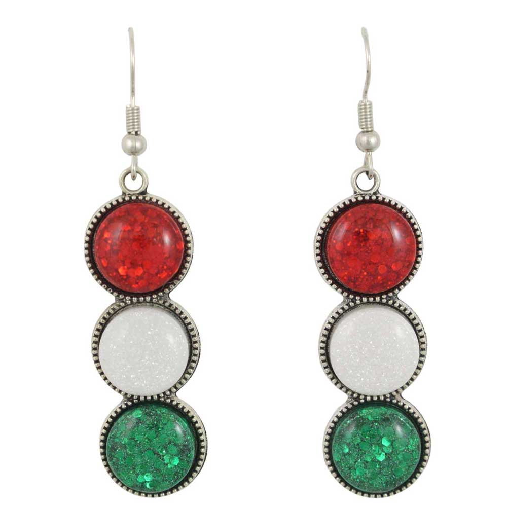 Pair of Christmas earrings with red, white, and green circular stones on a white background - Lilylin Designs