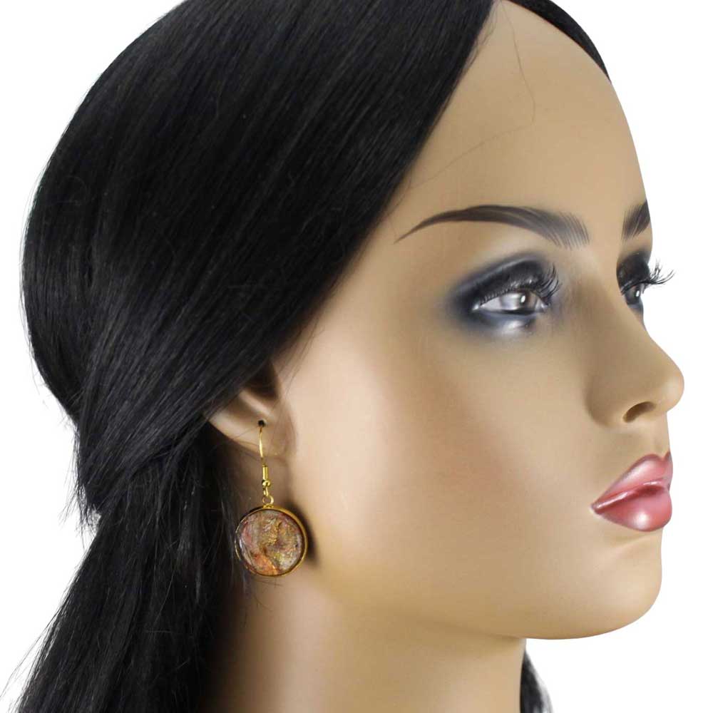 Model wearing Round earrings with natural stone design in gold frames on a white background | Lilylin Designs