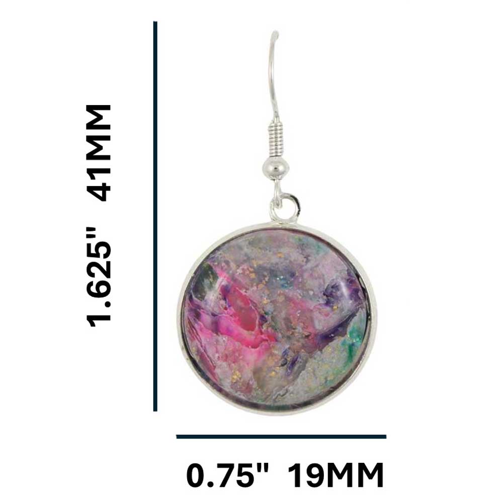 Round earrings with colorful marbled design on a white background with measurements | Lilylin Designs