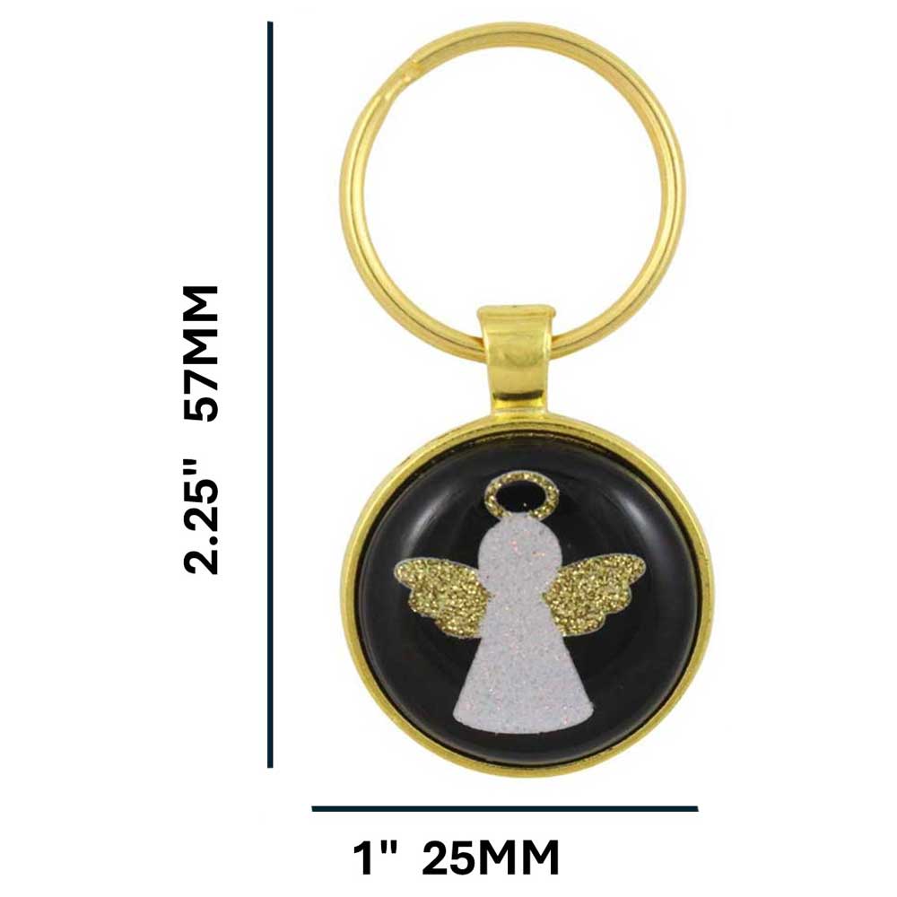 Gold angel keychain with measurements on a white background - Lilylin Designs