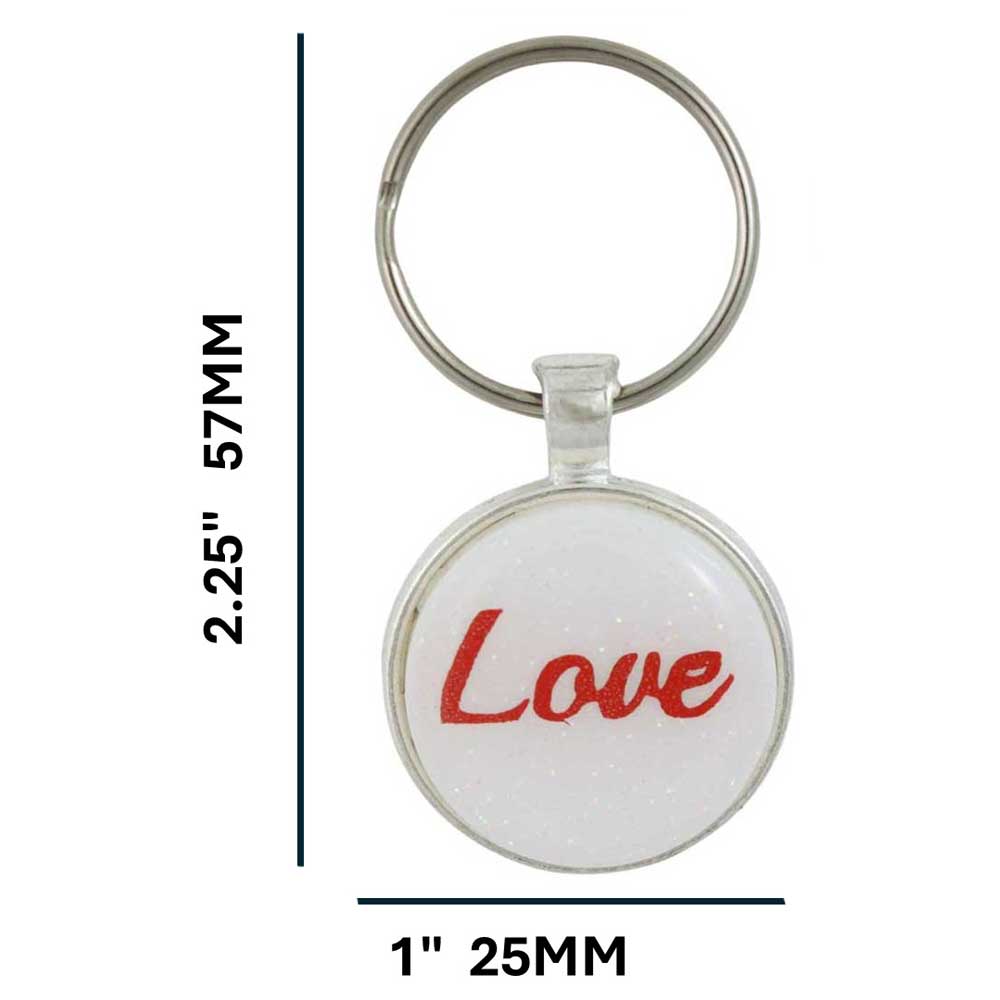 Keychain with 'Love' text and measurements on a white background - Lilylin Designs