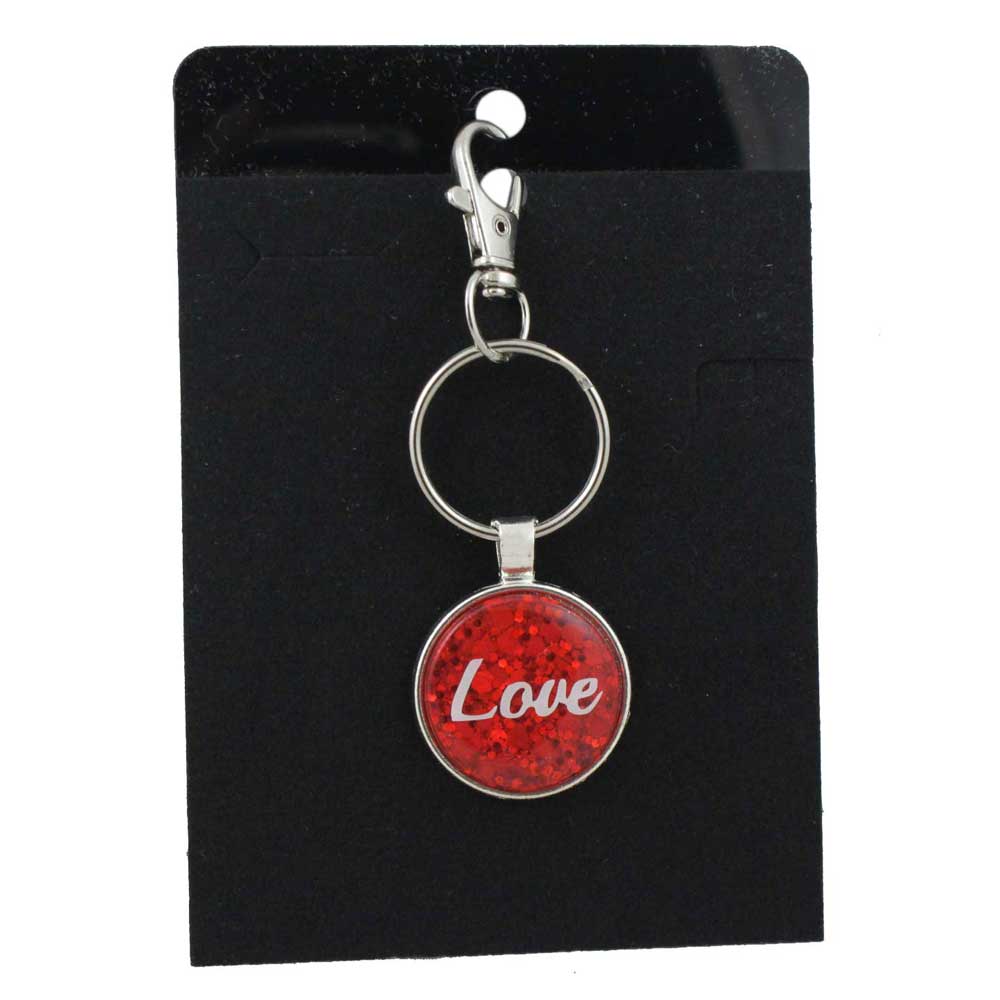 Red glitter keychain with 'Love' text on a black card - Lilylin Designs