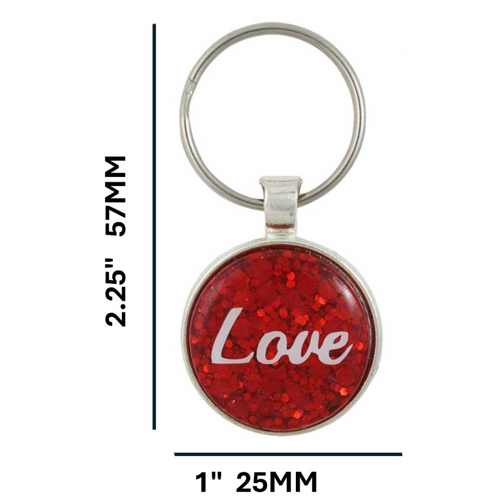 Keychain with red glittery disc and 'Love' text, showing measurements on a white background - Lilylin Designs