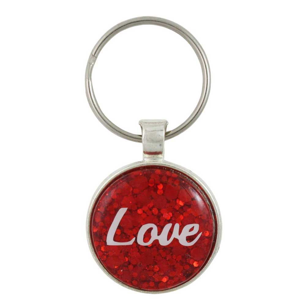 Keychain with red glittery disc and 'Love' text on a white background - Lilylin Designs