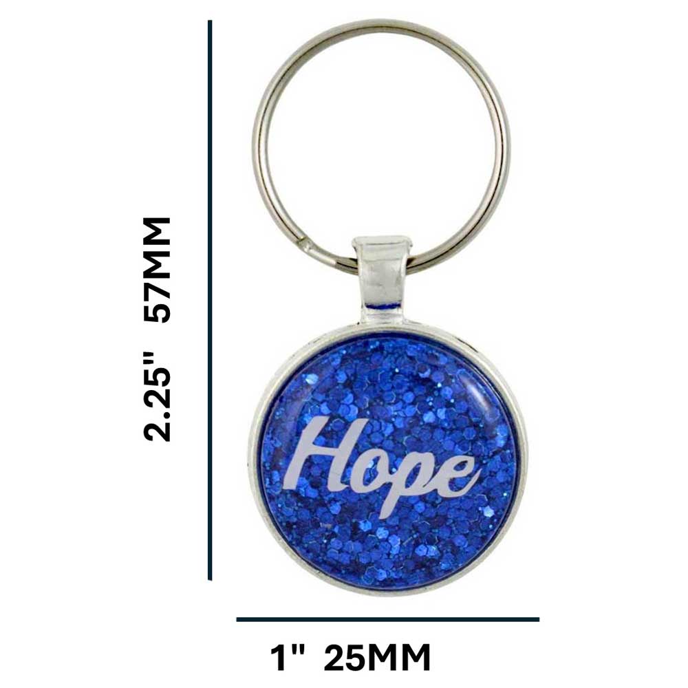 Keychain with blue glittery disc and 'Hope' text, shown with measurements on a white background - Lilylin Designs