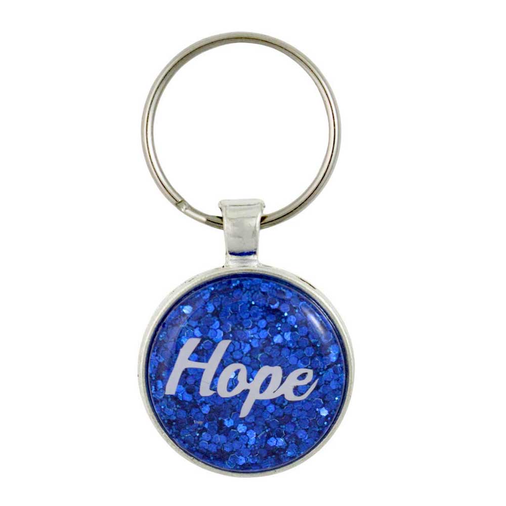 Keychain with blue glittery disc and 'Hope' text on a white background - Lilylin Designs