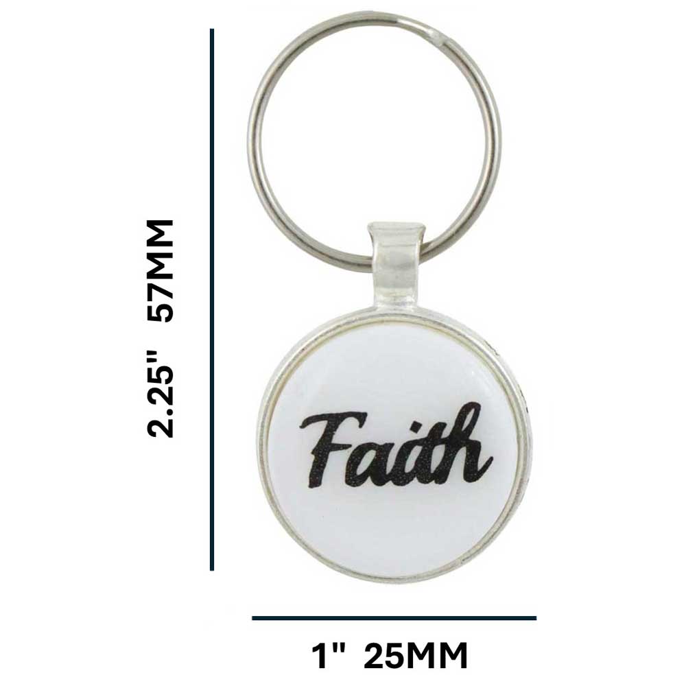 Keychain with 'Faith' text in black and measurements on a white background - Lilylin Designs