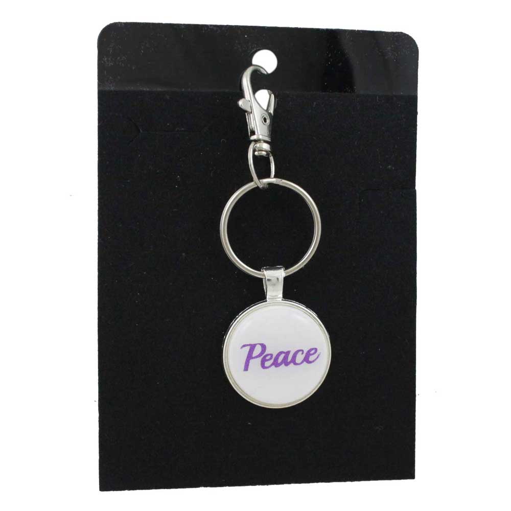Keychain with purple 'Peace' text on a black card - Lilylin Designs
