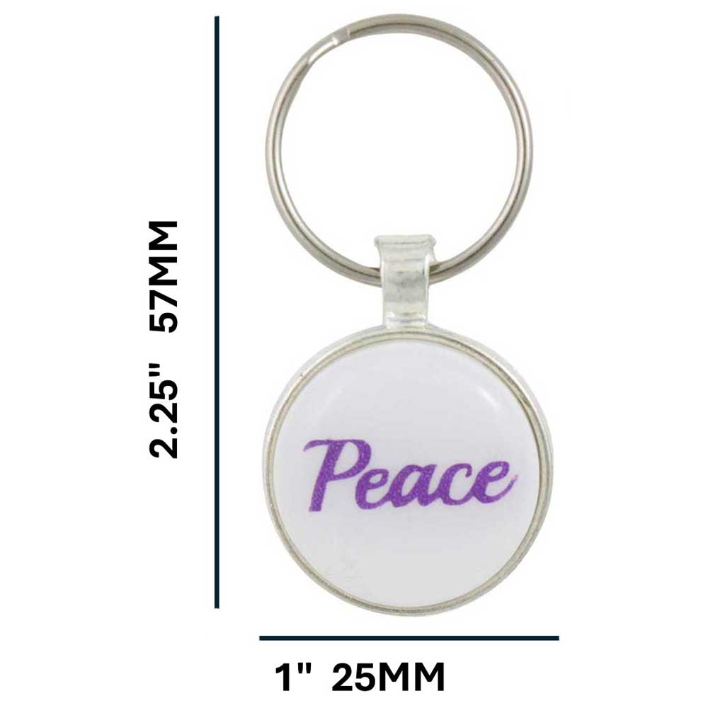 Keychain with purple 'Peace' text on a white background, showing measurements - Lilylin Designs
