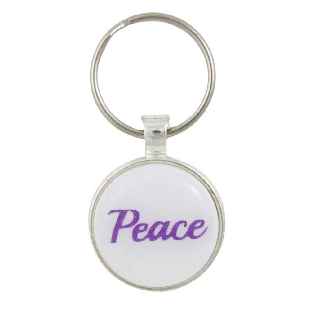 Keychain with purple 'Peace' text on a white background - Lilylin Designs
