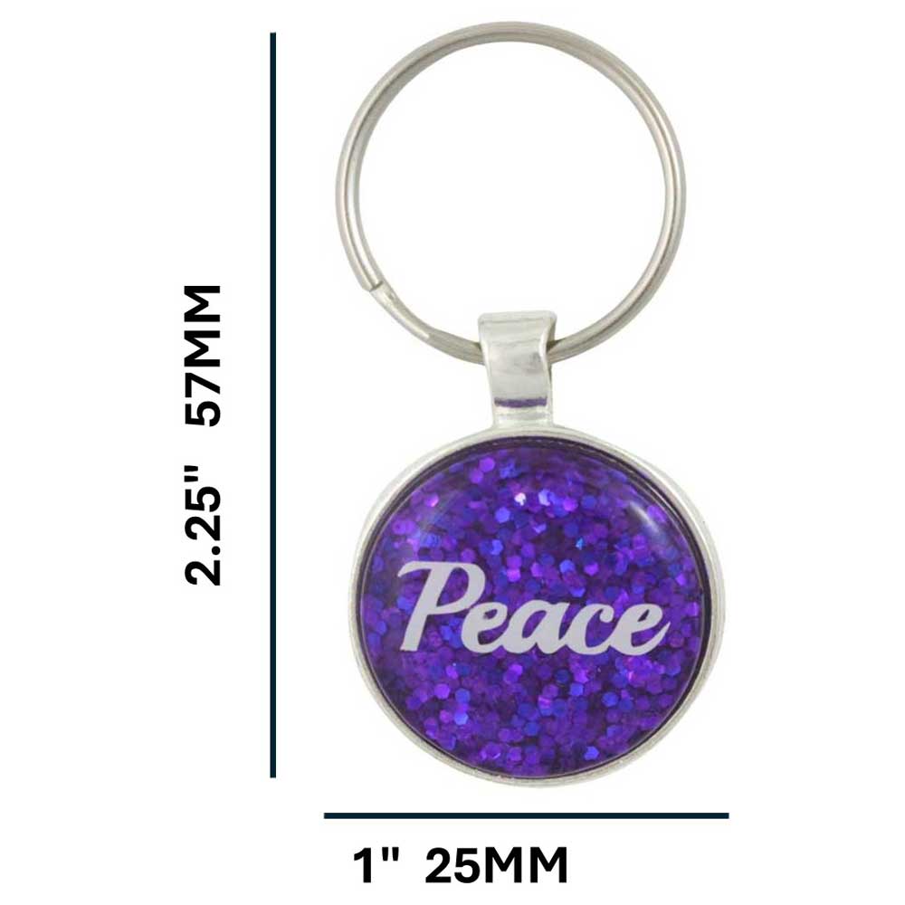 Keychain with 'Peace' text on a purple glittery background, shown with measurements - Lilylin Designs