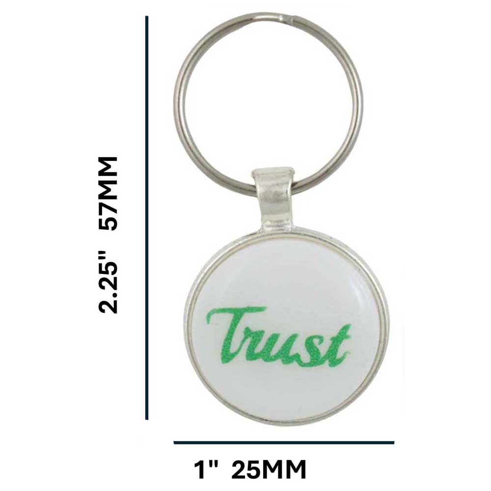 Keychain with 'Trust' text on a white background, showing measurements - Lilylin Designs