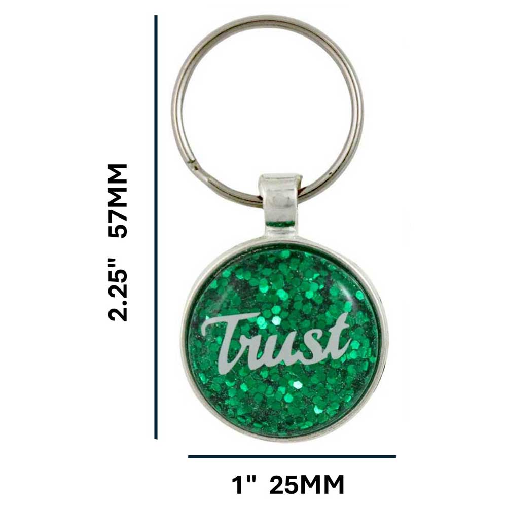 Green glitter keychain with 'Trust' text and measurements on a white background - Lilylin Designs