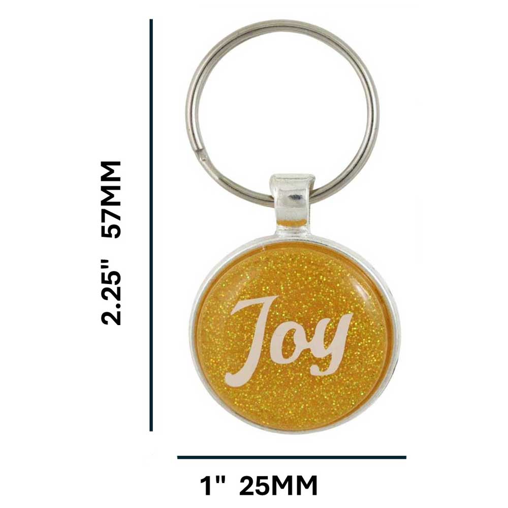 Keychain with 'Joy' text on a gold glittery background, showing measurements - Lilylin Designs