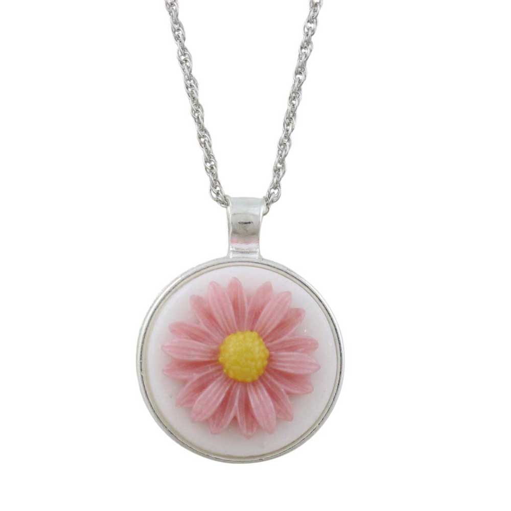 Pink and yellow daisy flower on white background with silver-tone chain - Lilylin Designs