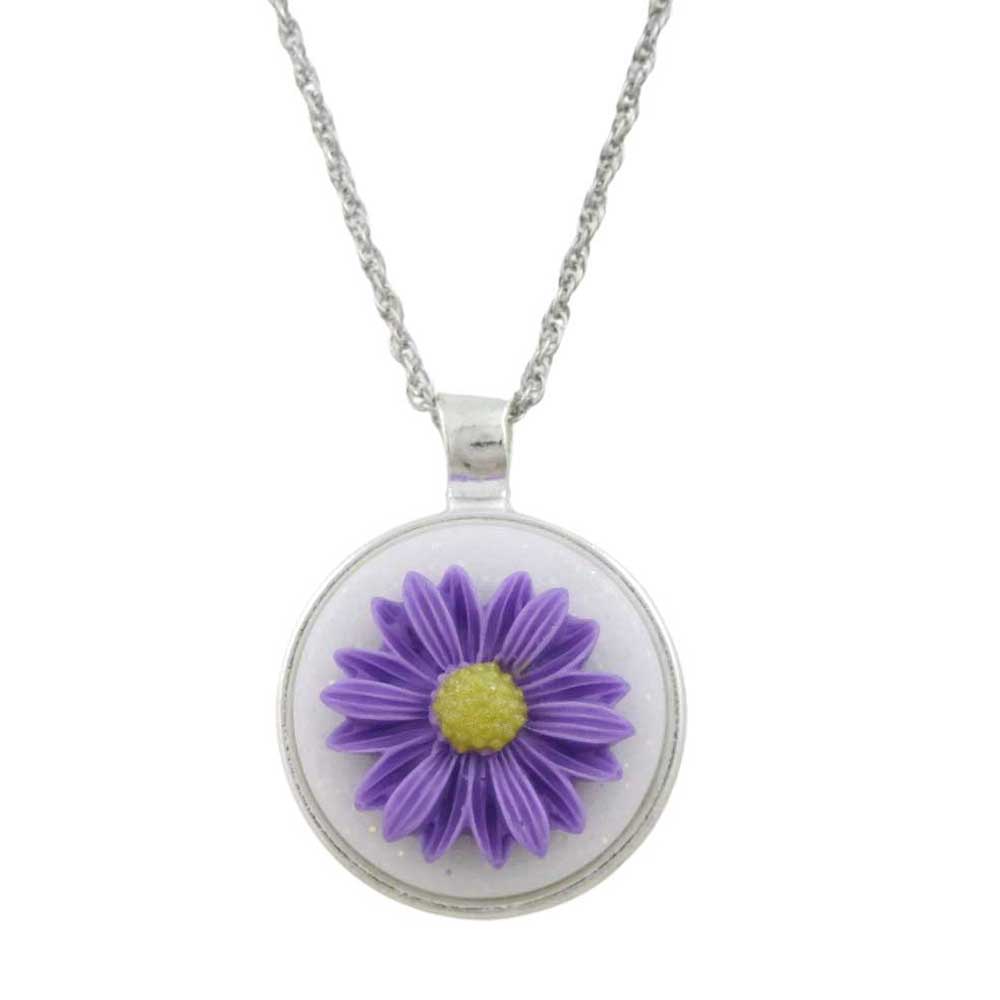Purple and yellow daisy flower on white background with silver-tone chain - Lilylin Designs
