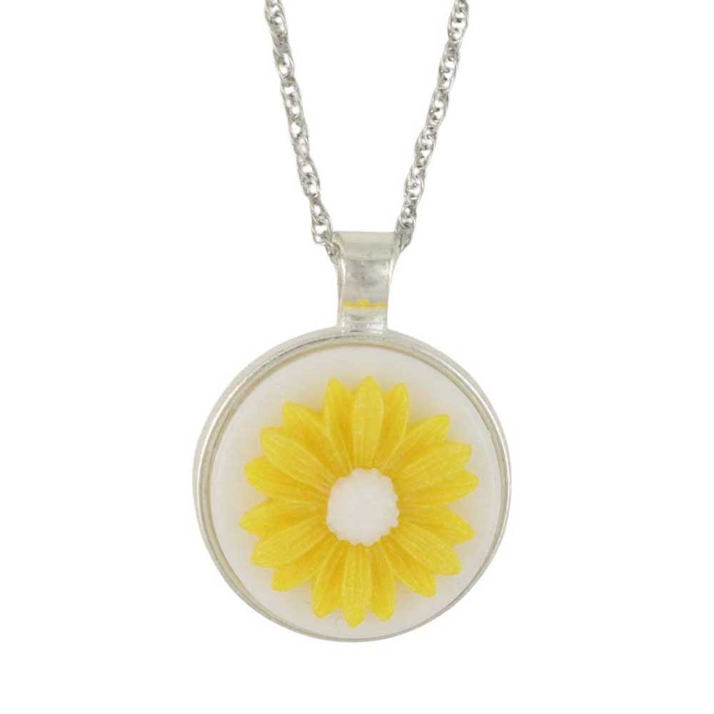 Yellow and white daisy flower on white background with silver-tone chain - Lilylin Designs
