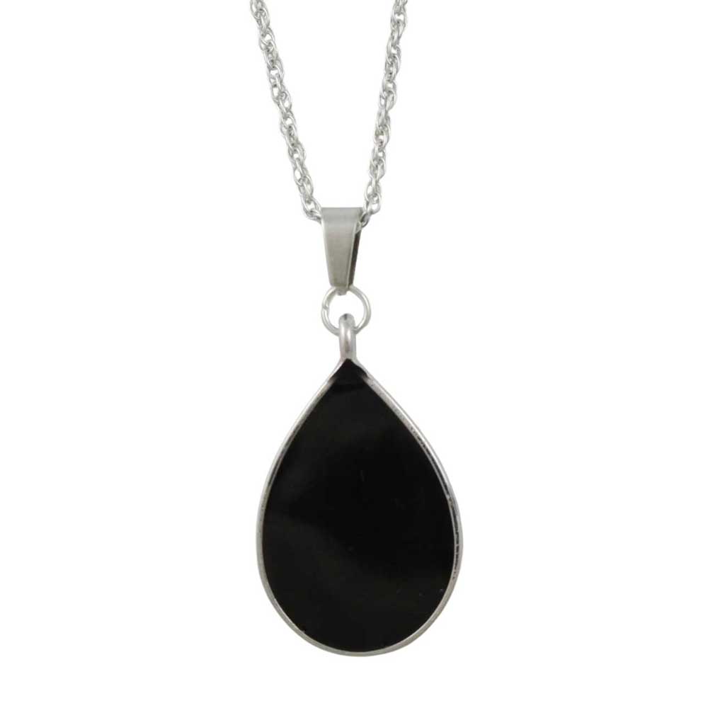 Back view of teardrop-shaped pendant with blue rose on a white background - Lilylin Designs