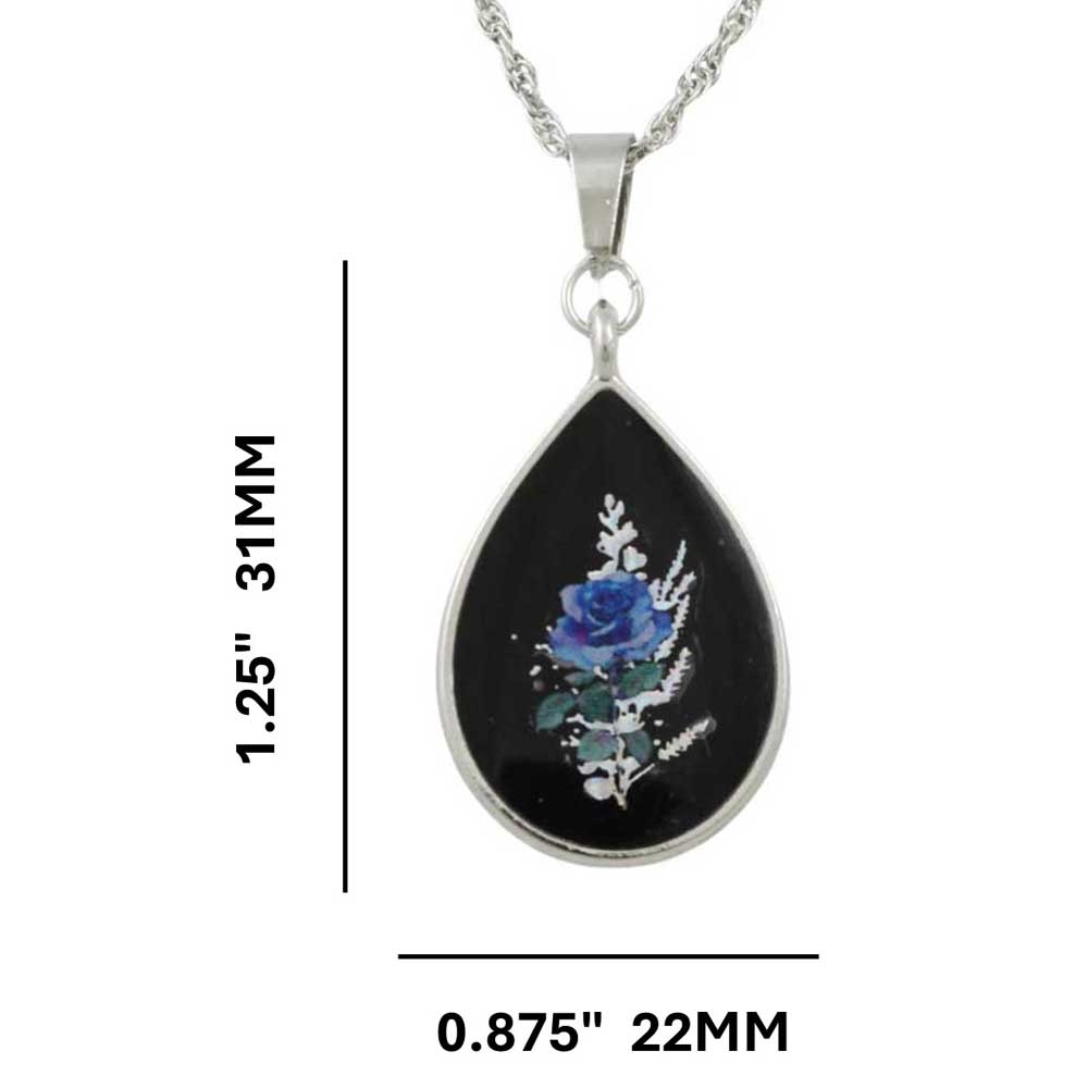Teardrop-shaped pendant with blue rose with measurements - Lilylin Designs