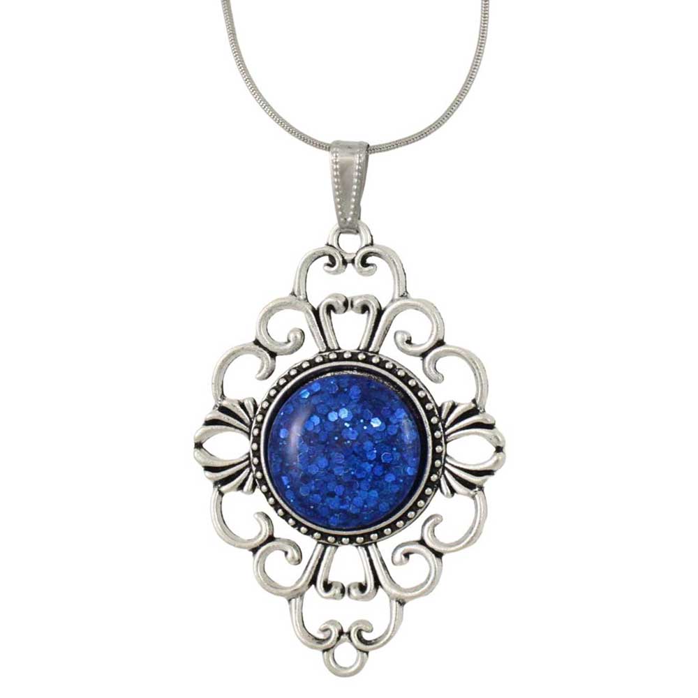 Decorative pendant with blue center and silver frame on a white background - Lilylin Designs