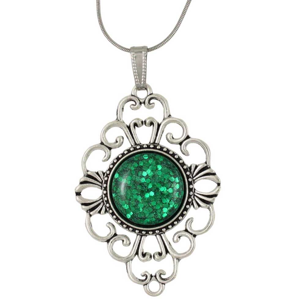 Filigree silver pendant with green stone on a white background - Lilylin Designs
