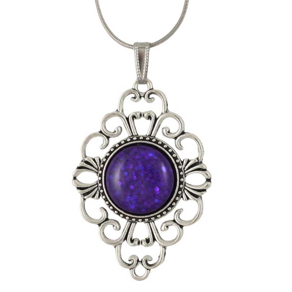 Filigree silver pendant with purple stone on a white background - Lilylin Designs