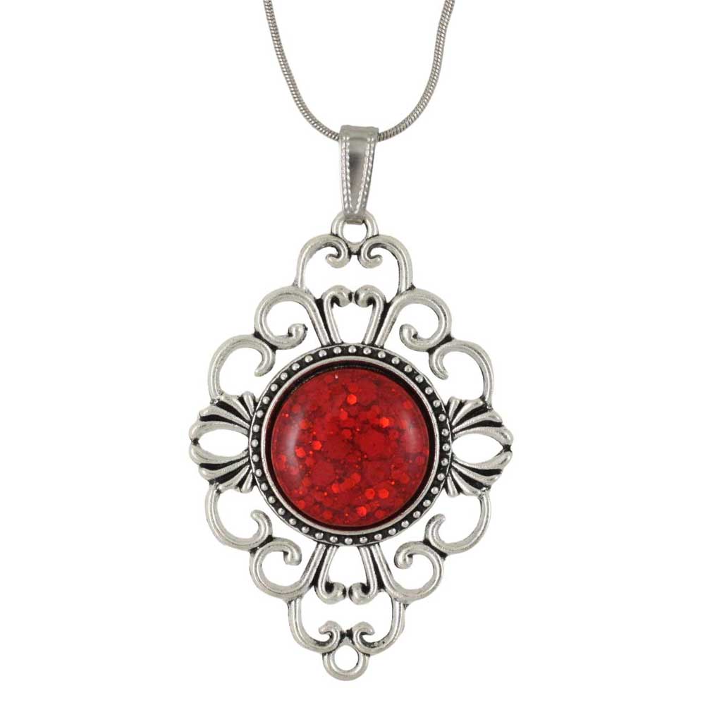 Filigree silver pendant with a red central stone on a white background - Lilylin Designs