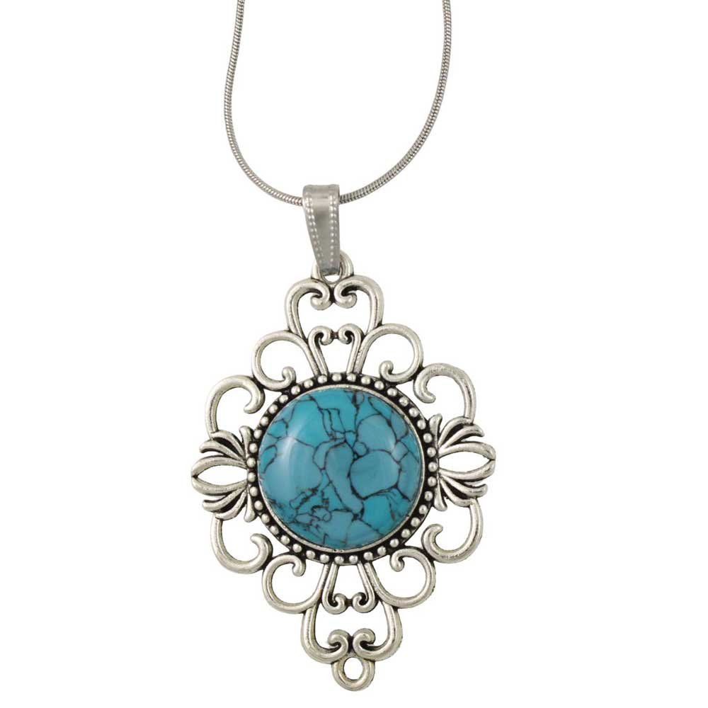Necklace with a simulated turquoise stone and silver decorative pendant on a white background - Lilylin Designs