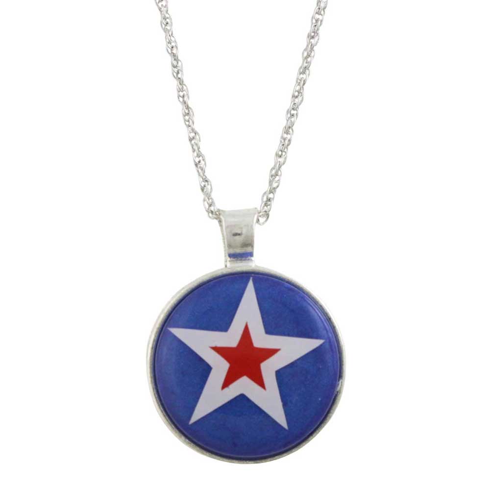 Necklace with a round pendant featuring a white and red star on a blue background - Lilylin Designs