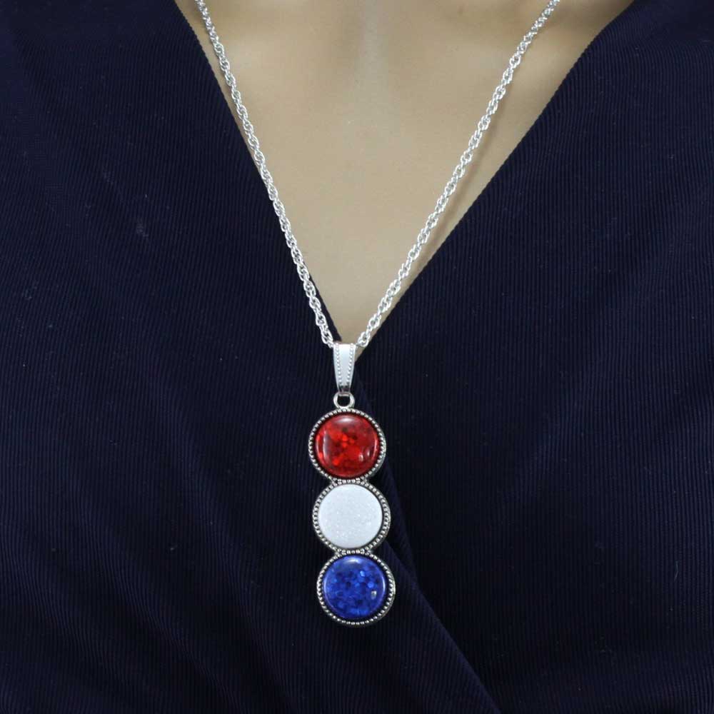 Model wearing Red white and blue round stones patriotic pendant necklace - Lilylin Designs