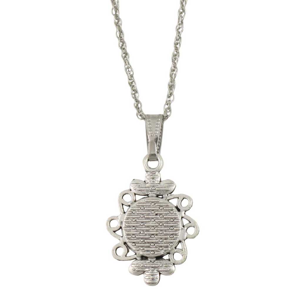 Back view of antique silver-tone round pendant with bow and white glittery resin on chain - Lilylin Designs