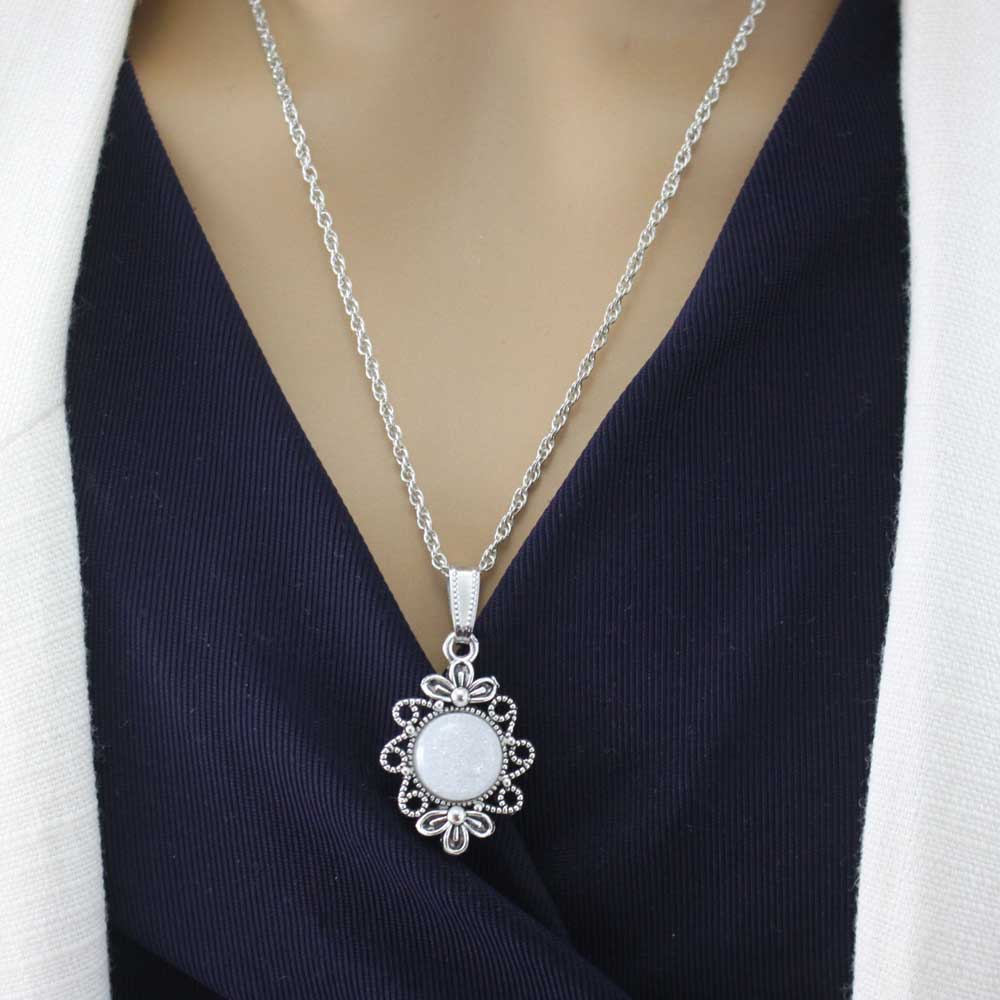 Model wearing white resin necklace - Lilylin Designs