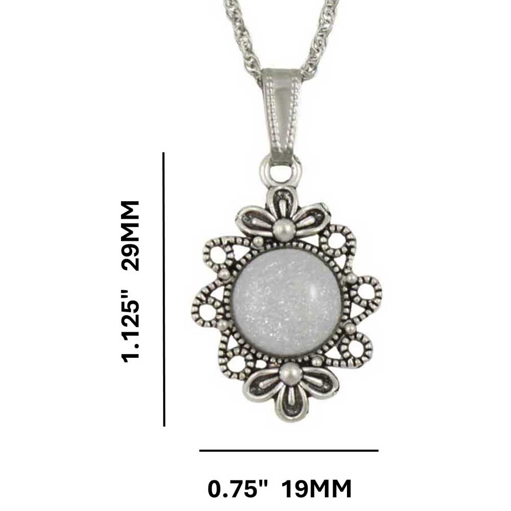 Antique silver-tone round pendant with bow and white glittery resin on chain with measurements  - Lilylin Designs