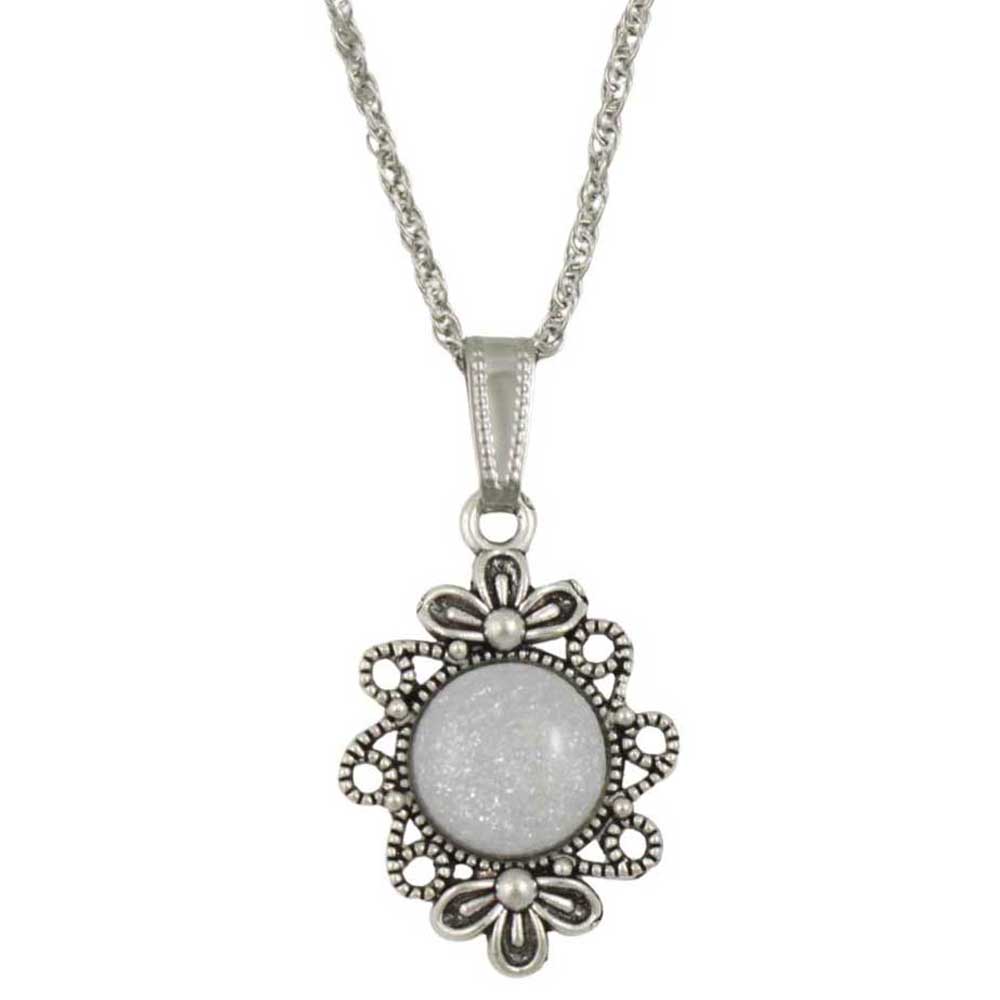 Antique silver-tone round pendant with bow and white glittery resin on chain - Lilylin Designs