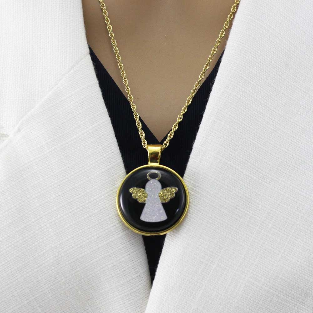 Model wearing angel pendant necklace - Lilylin Designs